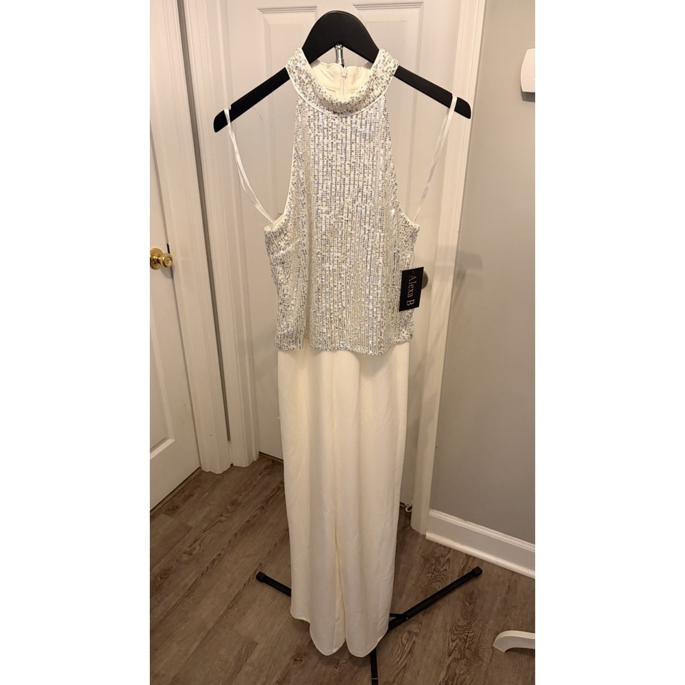 Alexa B Ivory Silver Sequin Halter Wide Leg Jumpsuit Size 4 NWT Brides Formal